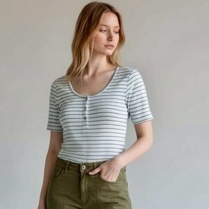 Primark Light Blue White & Beige Striped Short Sleeve Henley Bodysuit in M